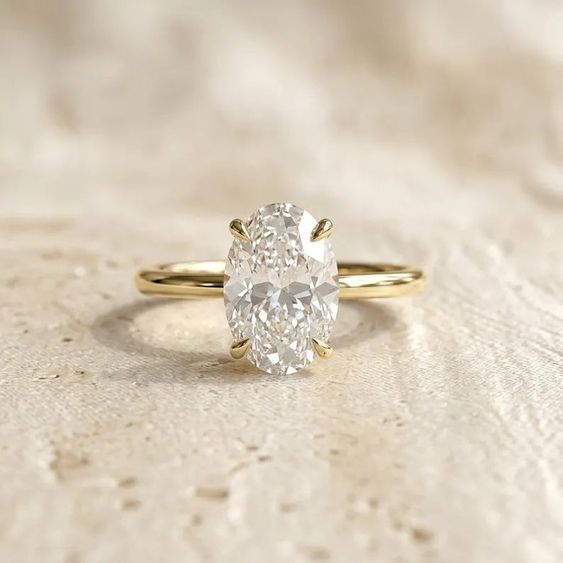 Oval Lab Grown Diamond Engagement Ring, Low Profile Solitaire Ring, Handmade Fine Jewelry, Minimalist Solid Gold Ring