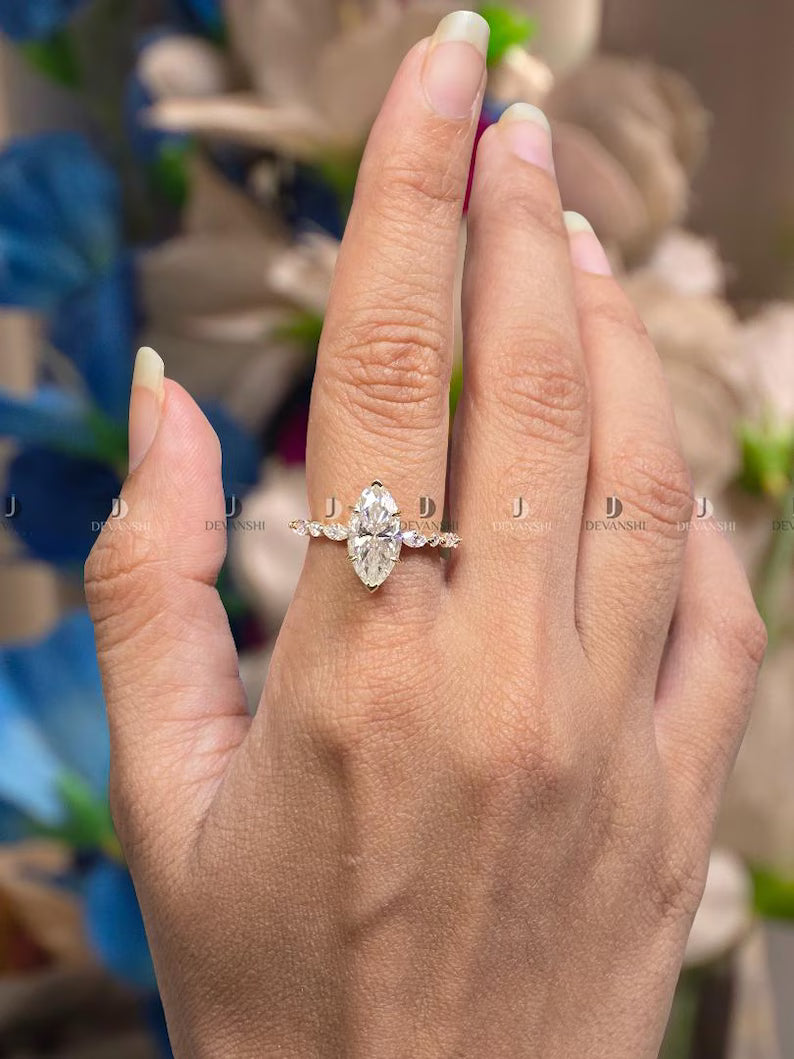 Marquise & Round Cut Promise Wedding Band, 2ct Marquise Cut Moissanite Engagement Ring, Hidden Halo Anniversary Ring Gift for Women