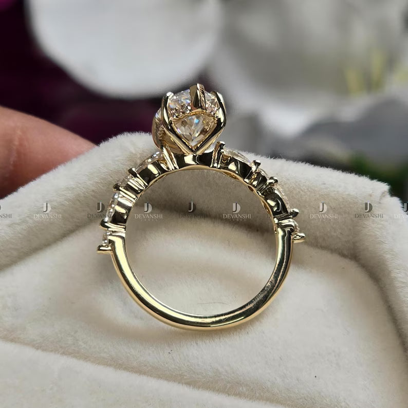 Marquise & Round Cut Promise Wedding Band, 2ct Marquise Cut Moissanite Engagement Ring, Hidden Halo Anniversary Ring Gift for Women