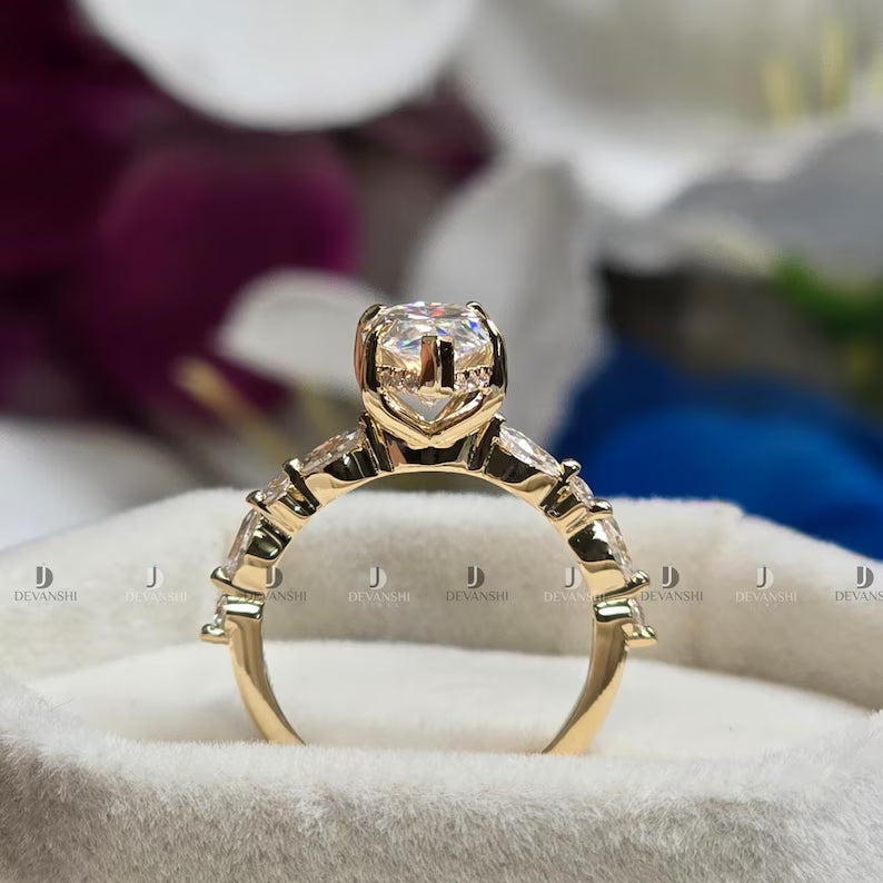 Marquise & Round Cut Promise Wedding Band, 2ct Marquise Cut Moissanite Engagement Ring, Hidden Halo Anniversary Ring Gift for Women