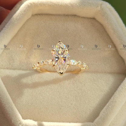 Marquise & Round Cut Promise Wedding Band, 2ct Marquise Cut Moissanite Engagement Ring, Hidden Halo Anniversary Ring Gift for Women
