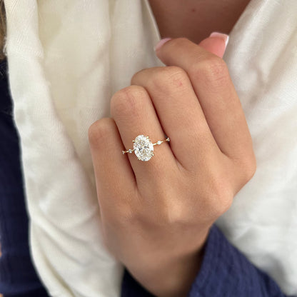 2 Carat Elongated Oval Diamond Nature Inspired THIN Engagement Ring in Yellow Gold