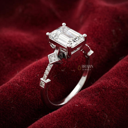 Vintage Emerald Cut Moissanite Engagement Ring, 2.68 Ct Art Deco Promise Ring, 14K White Gold Plated Bridal Ring, Anniversary Gift for Her