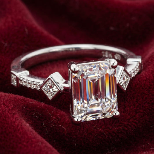 Vintage Emerald Cut Moissanite Engagement Ring, 2.68 Ct Art Deco Promise Ring, 14K White Gold Plated Bridal Ring, Anniversary Gift for Her