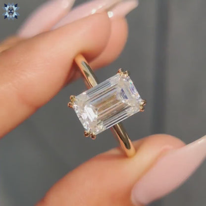 Emerald Cut Moissanite Solitaire Engagement Ring, Double Claw Prong Classic Comfort Fit Ring, Elongated Emerald Cut Moissanite Wedding Ring