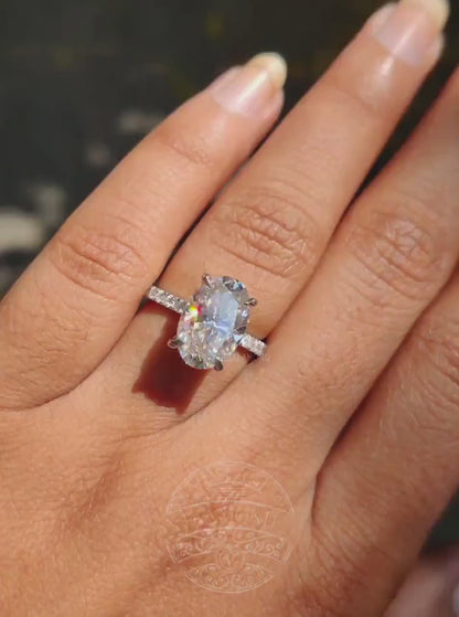4.0CT Classic Vintage Style Oval Moissanite Ring, Oval Cut Solitaire Diamond Ring, Gorgeous Hidden Halo Anniversary Ring, White Gold Ring