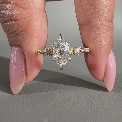 2 CT Dutch Marquise Engagement Ring with Lab Grown Diamond, Featuring Rose Cut Diamond Pave Setting, Handmade Custom Ring