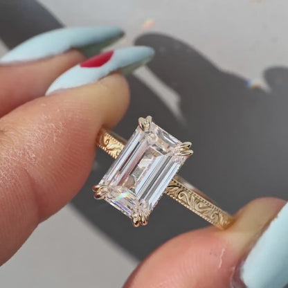 Engraved 2.5ct Emerald Cut Moissanite Engagement Ring Yellow Gold Victorian Wedding Ring Hidden Halo Promise Ring Vintage Art Deco Ring