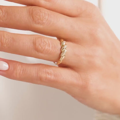 Croissant Dome Cluster Diamond Statement Ring, 14K Solid Gold Ribbed Signet Ring Moissanite Twisted Rope Wedding Band