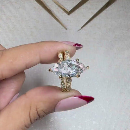 Marquise Lab Grown Diamond Ring, 14K Yellow Gold Vintage Engagement Ring With Milgrain Details