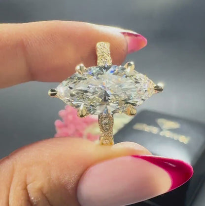 Marquise Lab Grown Diamond Ring, 14K Yellow Gold Vintage Engagement Ring With Milgrain Details