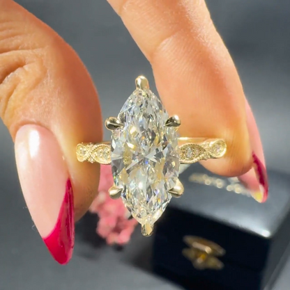 2.5 CT Marquise Lab Grown Diamond Ring, 14K Yellow Gold Vintage Engagement Ring With Milgrain Details
